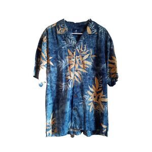 Caribbean Joe Men's 100% Silk Blue and Yellow‎ Tropical Print Large